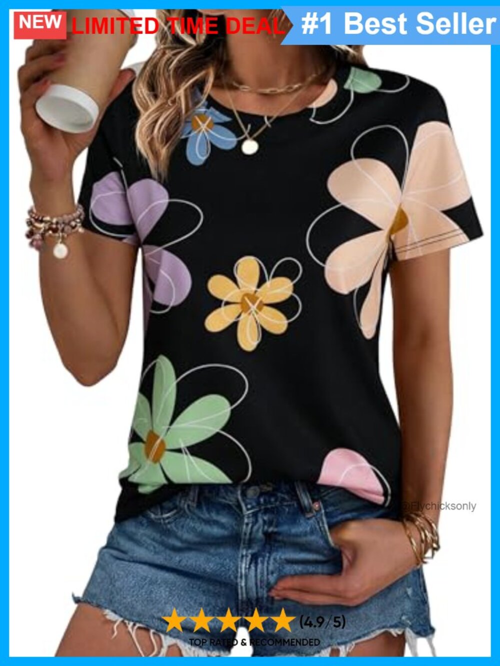 Flower Graphic Tee Women Casual Wildflowers Short Sleeve T-Shirt
